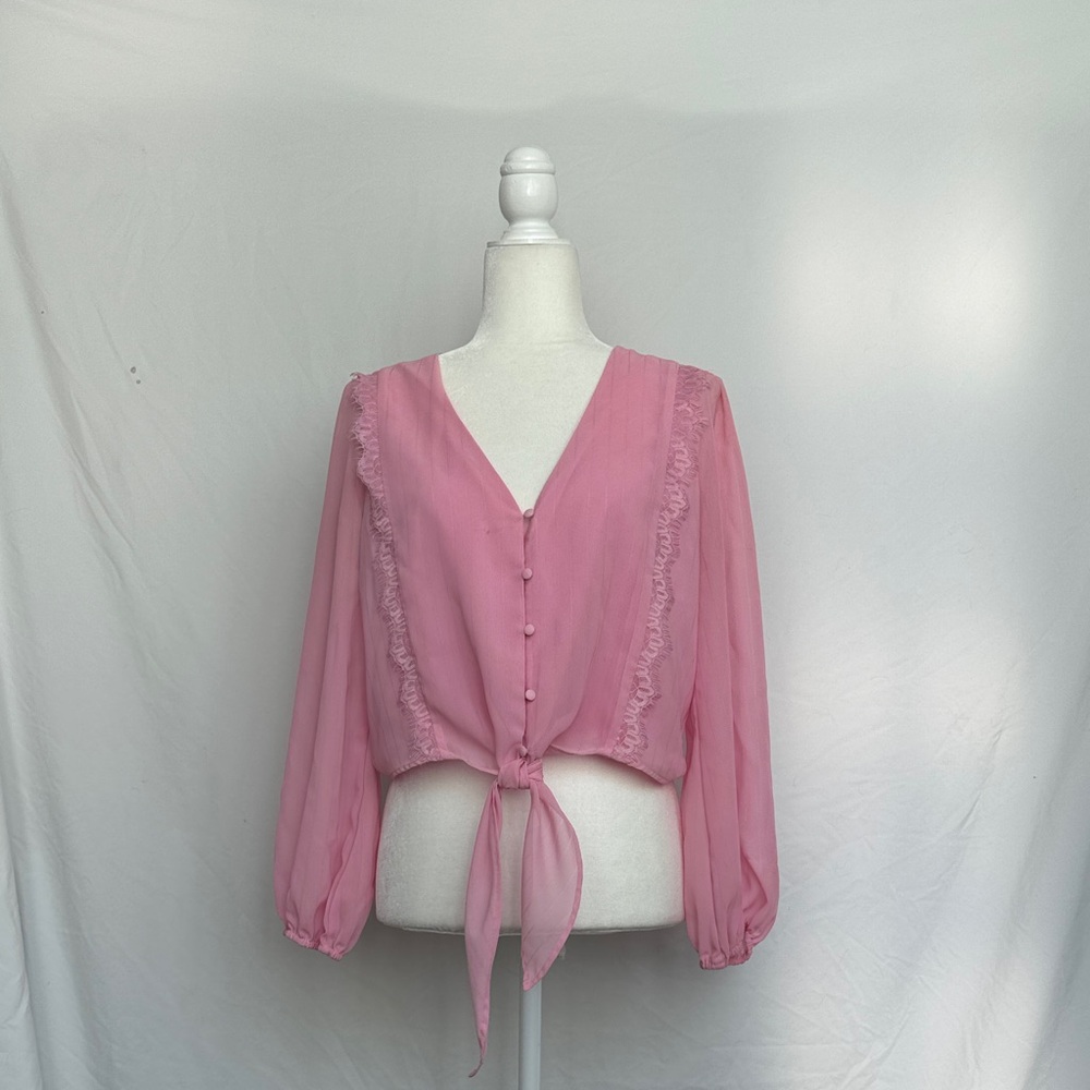 Wayf Pink Sheer Blouse with Lace Trim